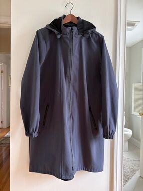 Long Hooded Raincoat in Slate Blue
